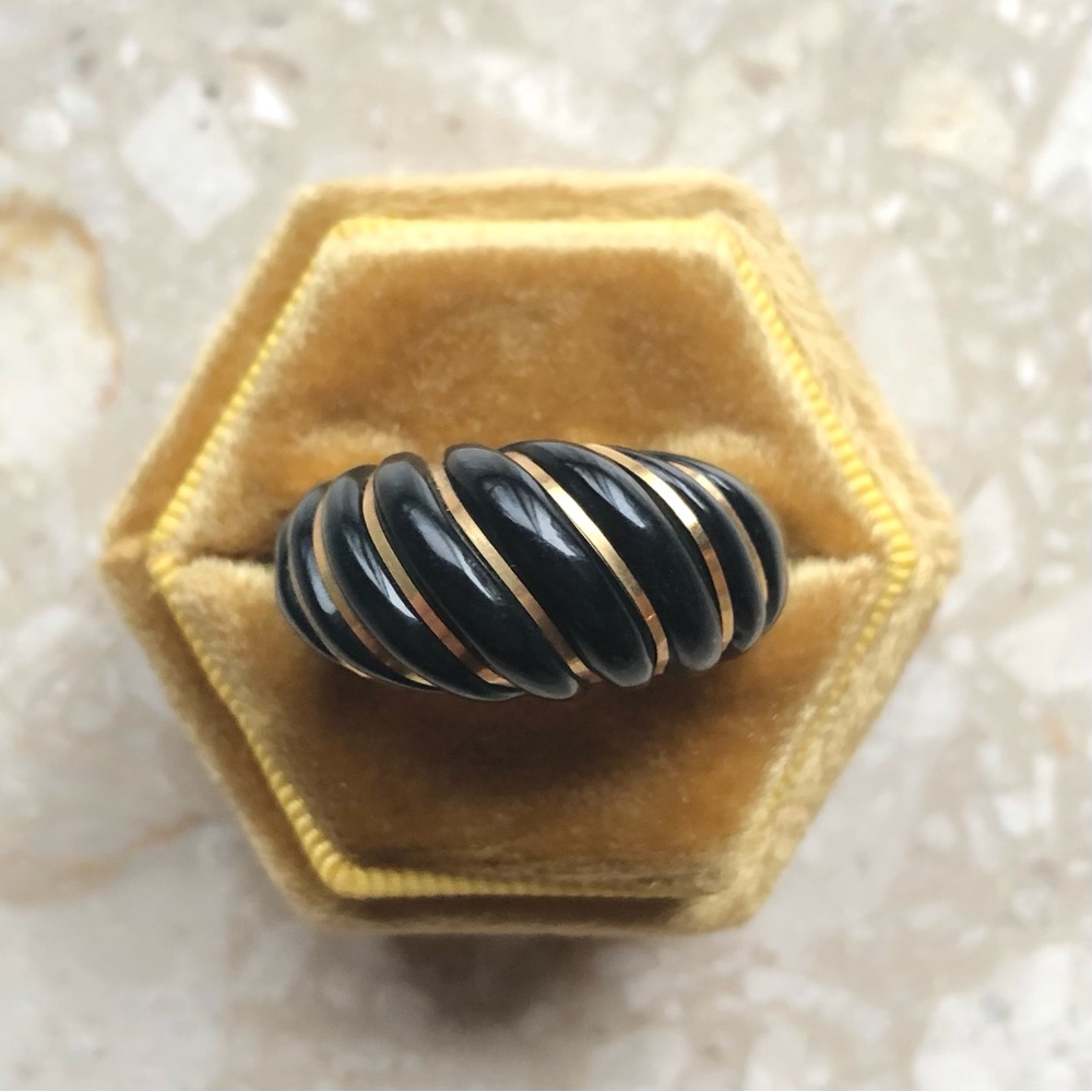 Onyx Yellow Gold Statement Vintage Bubble Dome Enamel Ring